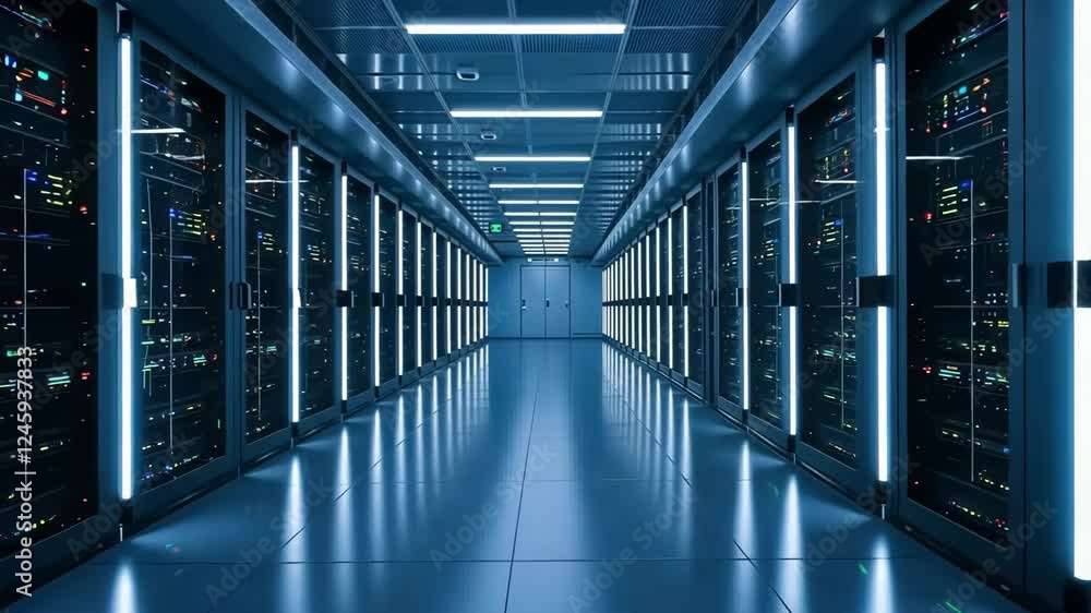 Poster a high-tech server room with rows of illuminated racks filled with servers and network equipment