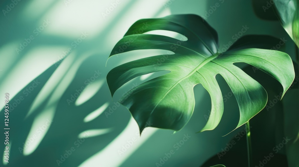 Poster close up of a tropical palm leaf casting shadows on a soft green background with ample space for tex