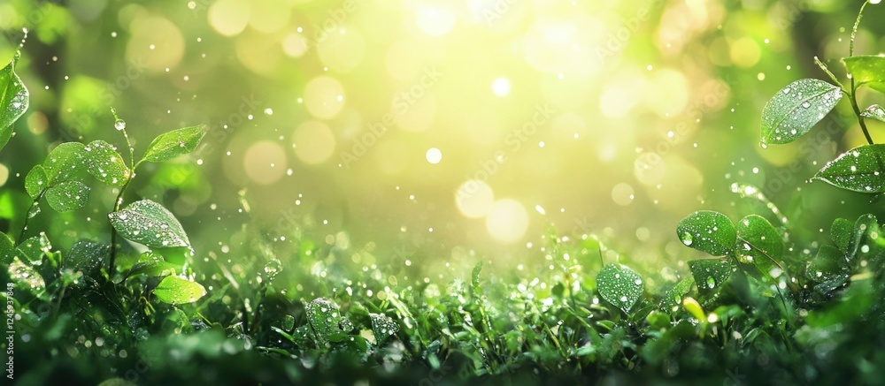 Poster lush green foliage with dew and soft sunlight creating a serene natural background illuminated by bo