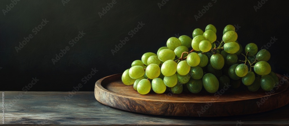 Poster ripe green grape clusters on wooden plate with dark background showcasing freshness and texture perf