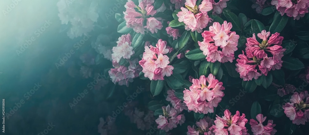 Poster close up of vibrant pink rhododendron flowers in full bloom viewed from above with light creating a 