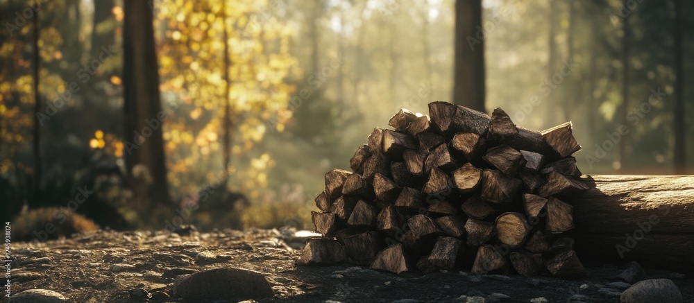 Aufkleber chopped firewood neatly stacked beside a log in a tranquil forest setting with autumn foliage and wa