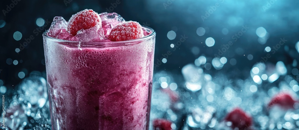 Poster chilled raspberry smoothie in a frosty glass with ice bubbles and space for text on a colorful backg