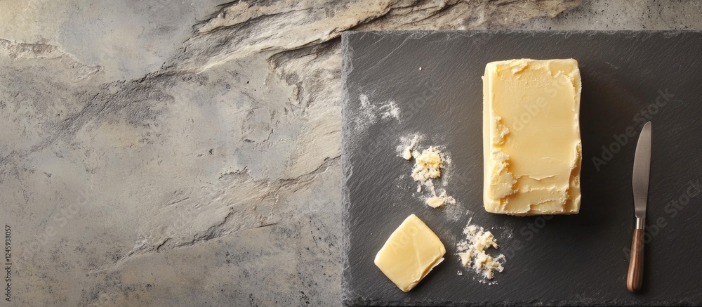 Aufkleber butter block cut into pieces on a slate board with a knife and crumbs for a rustic culinary or food 