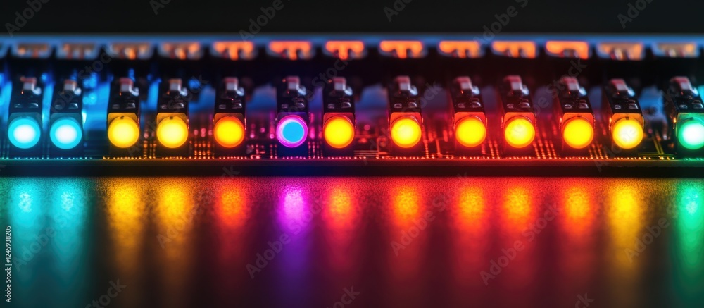 Poster colorful close up of led strip lights on a reflective surface displaying vibrant lighting patterns a