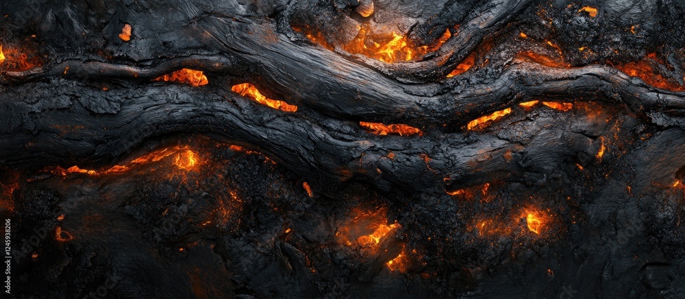 Poster Burnt firewood and hot coals texture with glowing embers creating an abstract background of charcoal and remnants after a fire.