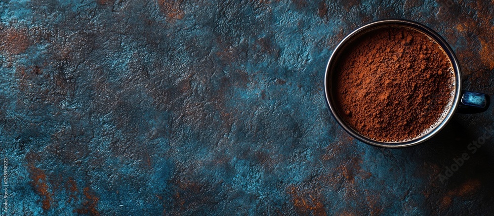 Poster cocoa chocolate powder in a coffee cup on blue stone table with dark background and empty space for 