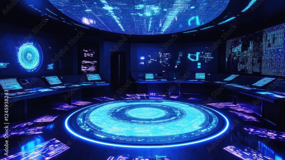 Poster Inside a futuristic control room, digital data streams flow from a circular ceiling projection onto a central platform, illuminating advanced technology and glowing consoles.
