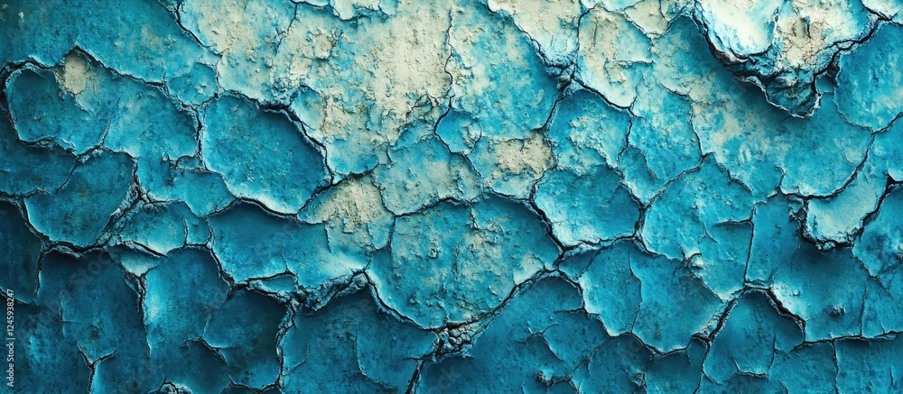Poster Blue paint peeling off a weathered wooden surface creating an abstract textured background with cracks and intricate patterns.