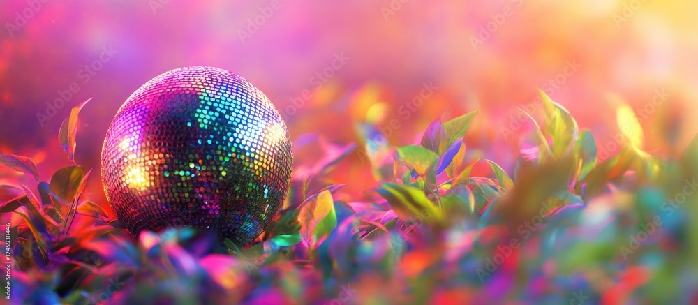 Poster close up of a sparkling disco ball surrounded by vibrant colors creating a festive atmosphere with s