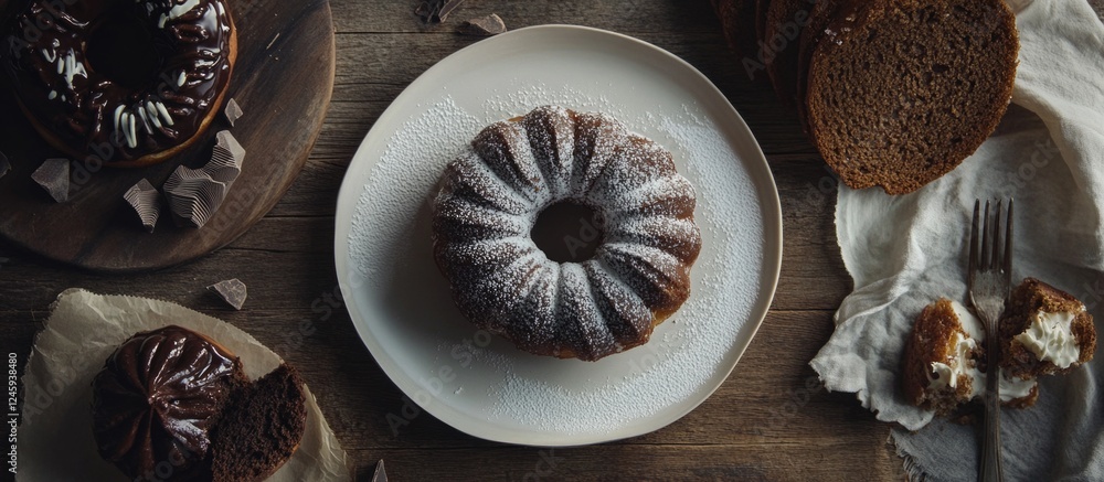 Poster chocolate donuts on a rustic table with powdered sugar garnish and a slice cut open to reveal rich f