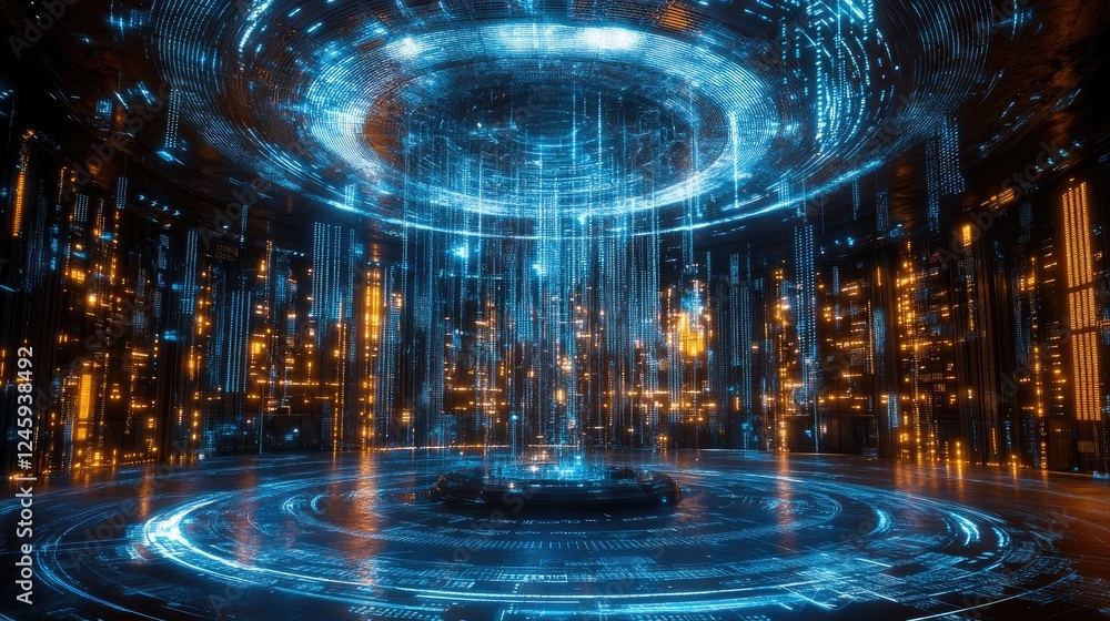 Poster Inside a futuristic control room, digital data streams flow from a circular ceiling projection onto a central platform, illuminating advanced technology and glowing consoles.