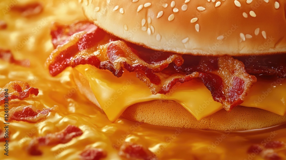 Poster close-up of a delicious cheeseburger topped with crispy bacon surrounded by melted cheese and empty 
