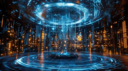 Inside a futuristic control room, digital data streams flow from a circular ceiling projection onto a central platform, illuminating advanced technology and glowing consoles.