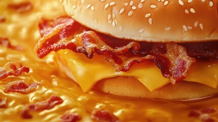 Close-up of a delicious cheeseburger topped with crispy bacon surrounded by melted cheese and empty space for text insertion