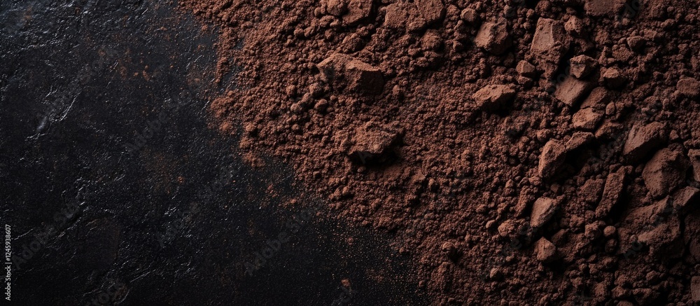 Poster close up of rich black cocoa powder on a dark surface showcasing its unique texture and depth with s