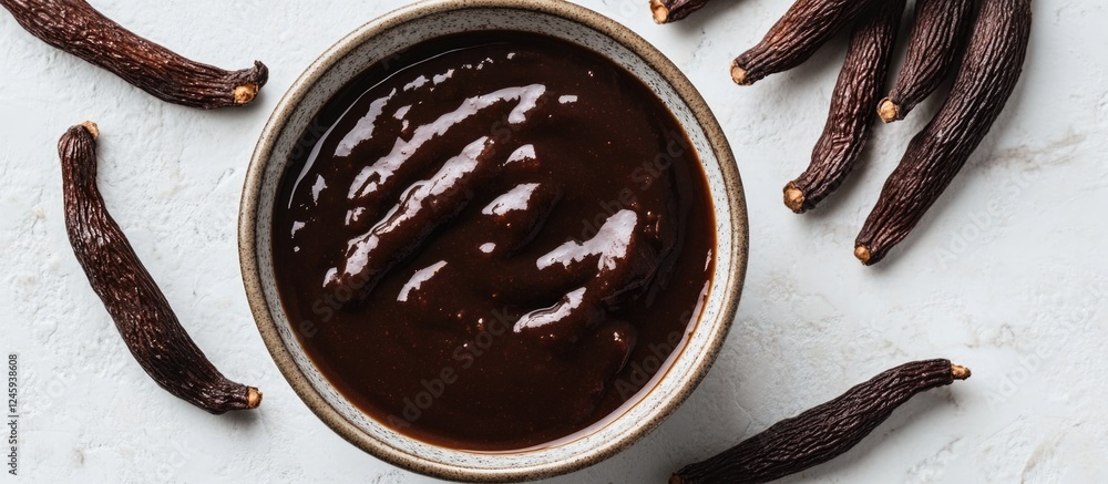 Aufkleber bowl of rich tamarind sauce alongside fresh tamarind pods on a textured white table in an appetizing
