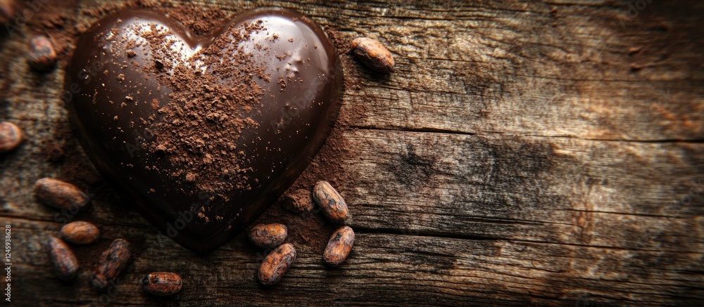 Poster chocolate heart shape placed on rustic wooden background with cocoa beans scattered around for a rom