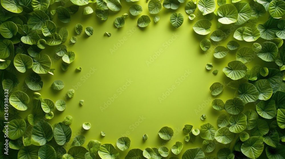 Poster green leaves forming circular patterns on a vivid background with ample space for text or branding o