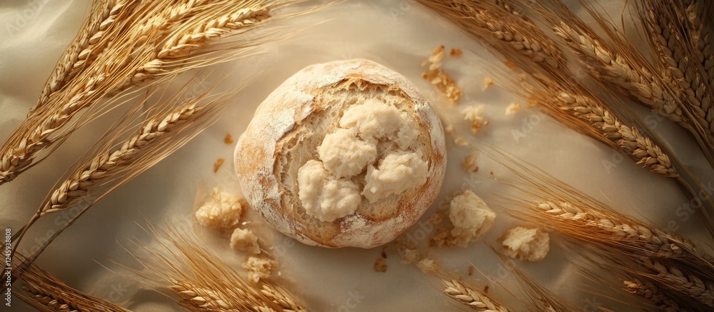 Poster Freshly baked golden bread surrounded by wheat stalks on a textured background with ample space for text or branding.