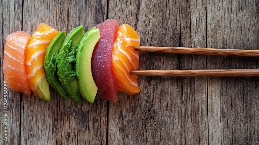 Poster close up of chopsticks holding assorted sushi with salmon avocado and tuna on rustic wooden surface 