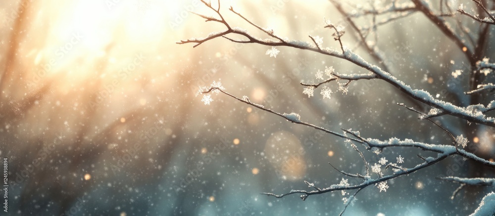 Aufkleber snow-covered branches in a serene winter landscape with soft sunlight creating a magical fairy tale 