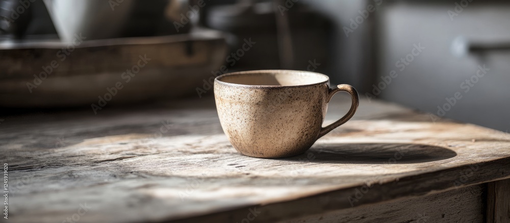 Poster vintage coffee cup resting on a rustic wooden table with soft lighting and shadows creating a nostal