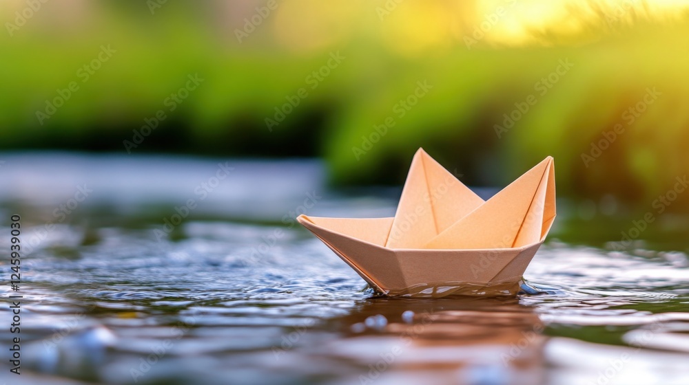Poster delicate paper boat floating in a clear, fast-moving spring stream.
