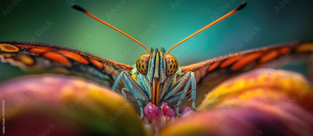 Poster vibrant close-up of a butterfly with striking colors resting on a petal showcasing intricate details
