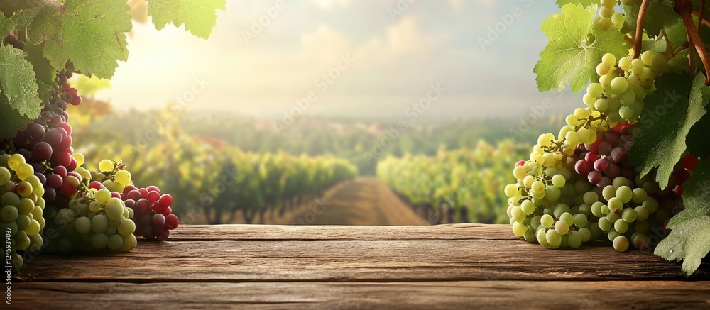 Poster fresh green and red grapes on a rustic wooden table with a scenic vineyard view during golden hour s