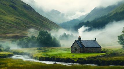 A highland landscape shrouded in mist, with rolling green hills and a serene river winding through the valley. A small stone cottage with smoke curling from its chimney adds a cozy element.