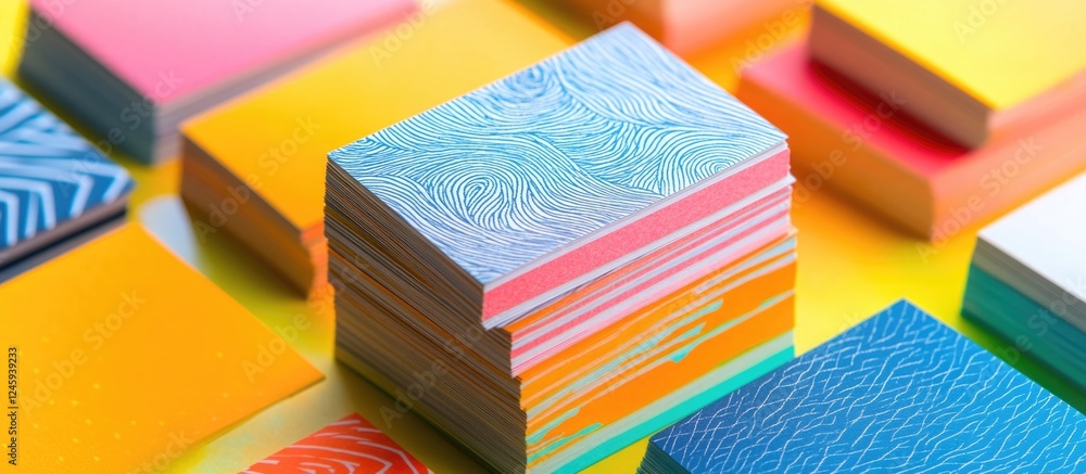 Poster vibrant business cards stacked on a colorful background showcasing modern design and creativity in p