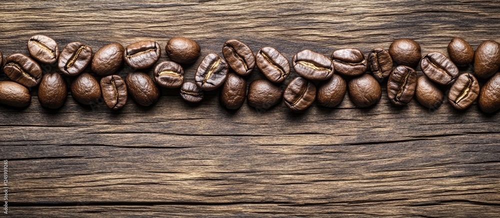 Poster roasted coffee beans on rustic wooden background with macro detail and ample copy space for branding