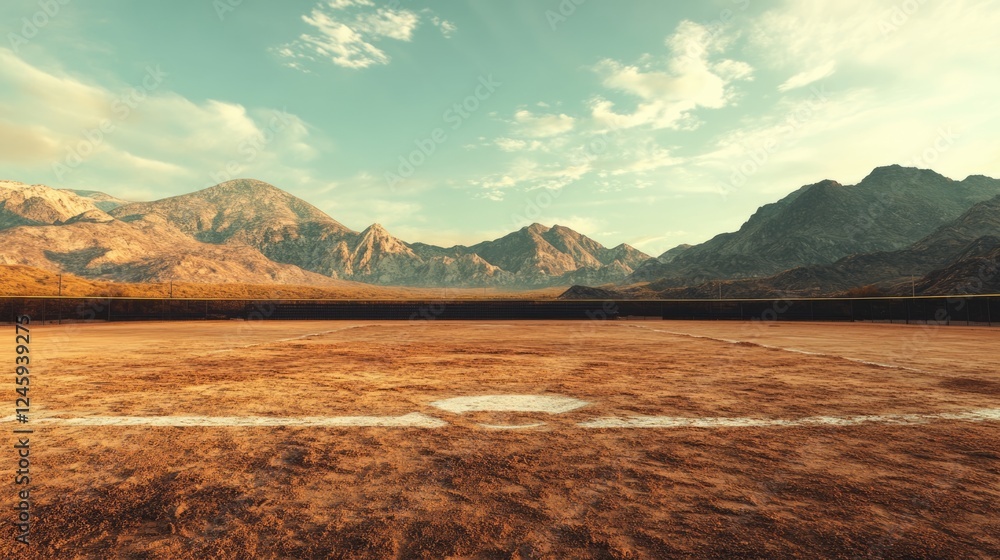 Poster deserted baseball field with mountains in the background under a clear sky offering ample space for 