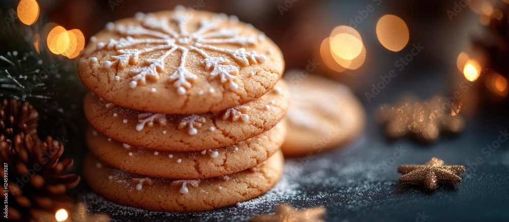 Poster delicious butter cookies decorated with sparkling sugar on a festive background with bokeh lights id