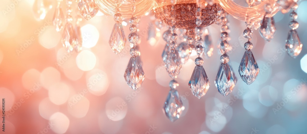 Poster chandelier with sparkling crystals against a soft blurred wedding background in warm tones creating 