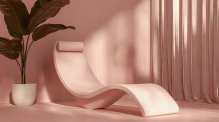 Modern lounge chair in a room with a pink wall and a large plant on the left side. the chair is white and has a curved design with a curved backrest and armrests.