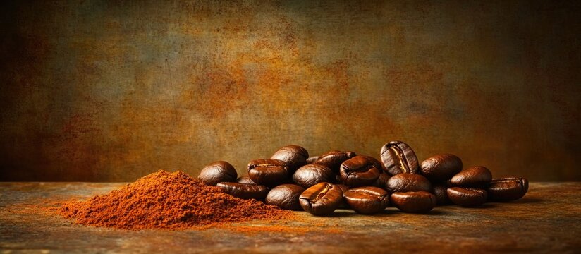 Closeup of dark roasted coffee beans alongside ground coffee on a textured wooden surface with a rustic background ambiance. - Powered by Adobe