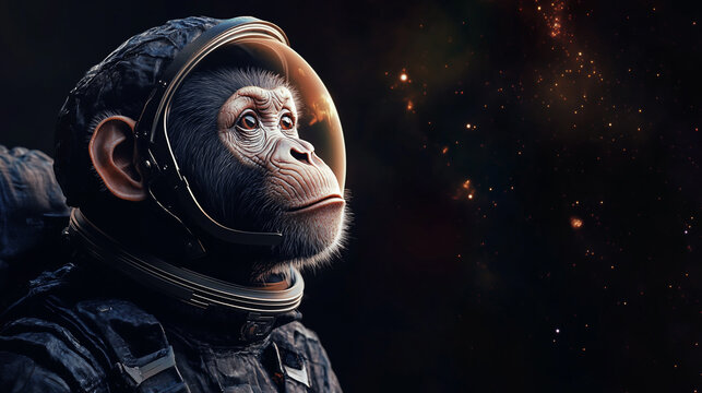 Monkey in an astronaut suit with a space helmet, on a dark background with a space landscape.