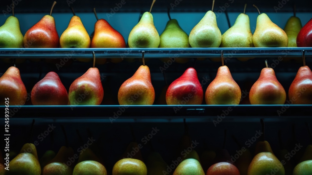 Poster dramatic lighting on fresh pears and apples in grocery store display with vibrant colors and empty s