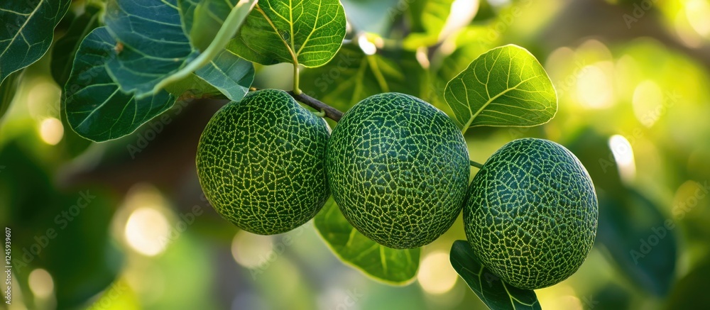 Poster close up of fresh green banyan leaves showcasing intricate texture and natural patterns with blurred