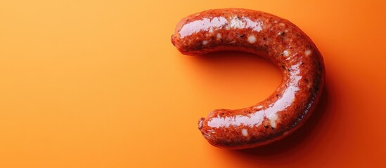 Cheese sausage on vibrant orange backdrop highlighting its texture and color perfect for culinary themes and food photography.
