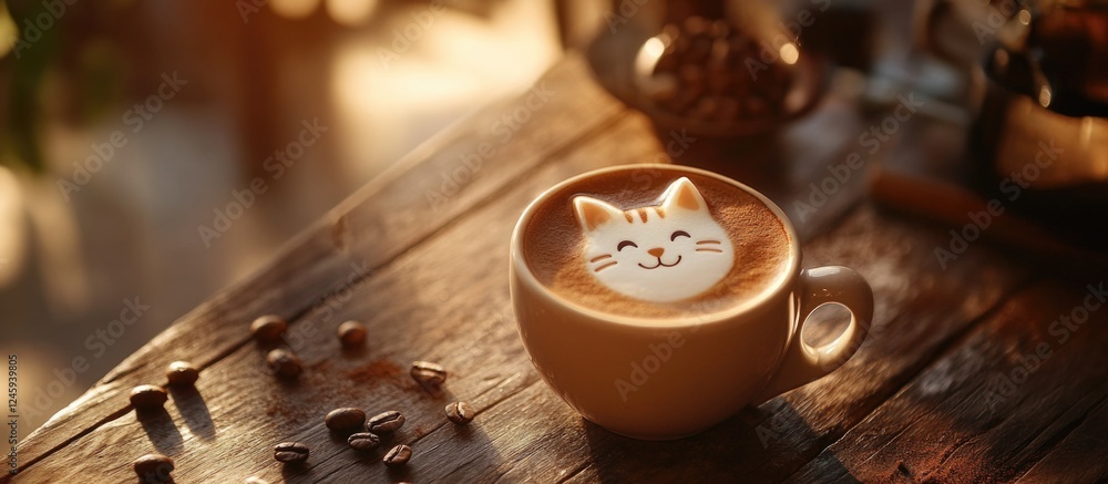Poster coffee latte art featuring a cat design created with milk foam in a cozy cafã© setting on a wooden t
