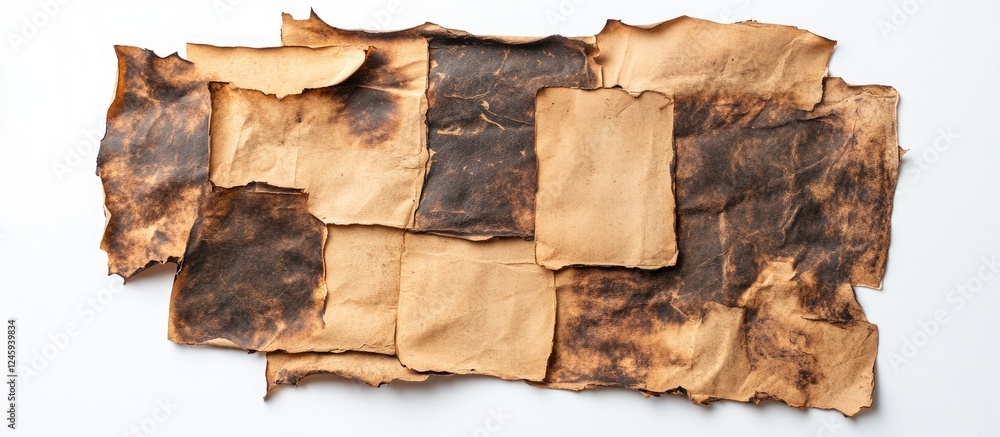 Poster burnt vintage paper sheets arranged artistically on a white background showcasing textures and dark 