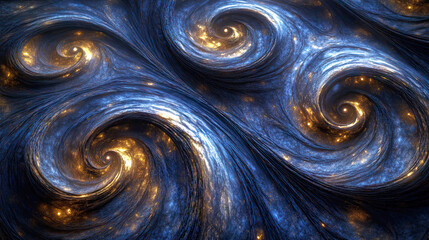 Mesmerizing abstract background with swirling blue patterns and glowing golden highlights