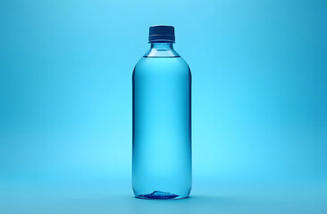 Naklejka premium clear water in a glass bottle on a pale blue background. Monochrome photo with a blue tint