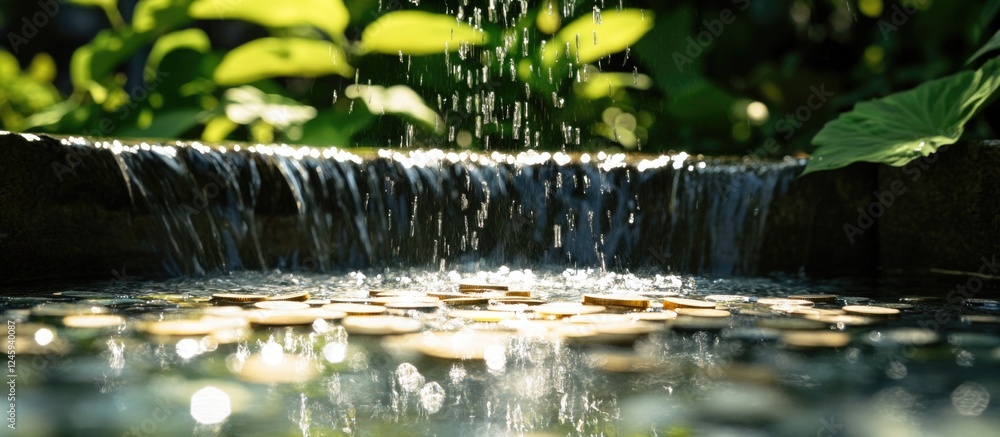 Poster coins resting on the bottom of a tranquil fountain surrounded by lush greenery and flowing water cre