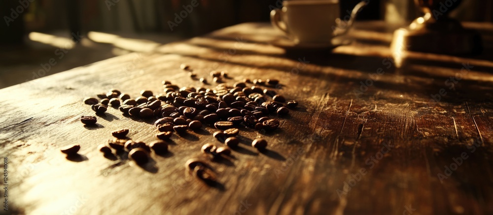 Poster coffee beans scattered on a rustic wooden table with soft lighting creating a warm and inviting atmo
