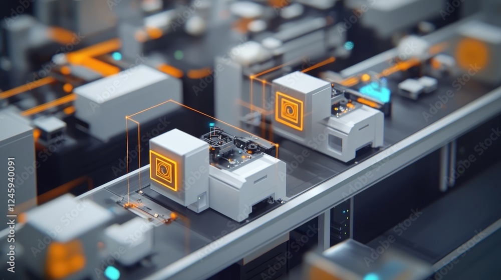 Aufkleber Machines on a factory floor connected via a 5G network, each labeled with digital identifiers, demonstrating the power of synchronized industrial processes.