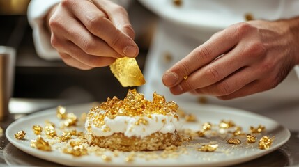 Pastry chef delicately applying edible gold leaf to gourmet dessert showcasing culinary artistry and elegance with room for text.